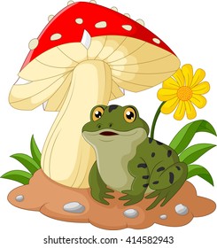 frog cartoon sits under mushroom