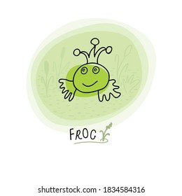 Frog. Cartoon sketch animal illustration. Scribble. Hand-drawn. Doodle. Wild animal for printing on T-shirts, textiles, stripes, baby products, pillows, gifts. Vector.