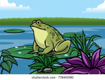 frog cartoon stand in the lotus leaf in the middle of lake