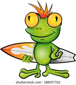 frog cartoon surfer on white background