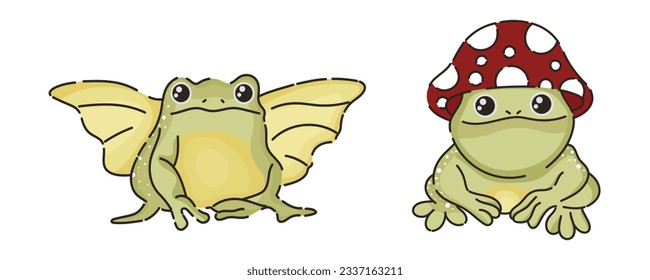 Frog cartoon vector isolated. Kids book illustration. Magic forest, magic animals cartoon. Frog with mushroom. Frog with wings.