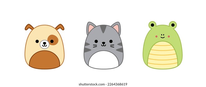 Rana, gato, perro. Squishmallow. Delicioso juguete de peluche suave. Almohada. Kawaii, caricatura. Ilustración vectorial aislada eps 10