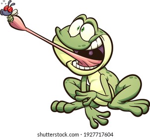 Frog catching a fly with it's tongue cartoon. Vector clip art illustration. Frog and fly on separate layers.
