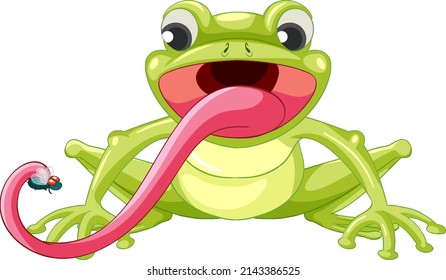 Ein Frosch, der Insekten in Cartoon-Stilgrafik fängt