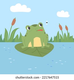 Frog cathing a fly and sitting on water lily leaf among reeds and water. Cartoon childish illustration of animal.