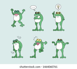 A frog character expressing various emotions. hand drawn style vector design illustrations. 