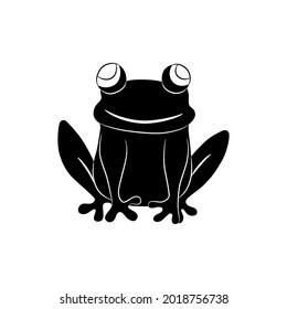 Frog character flat black silhouette isolated on white background. Funny amphibian smiles. Design for template, print, label, logo, bags, card, poster.