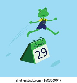 Frog character smiling at camera while jumping a twenty nine date calendar, isolated in cyan background