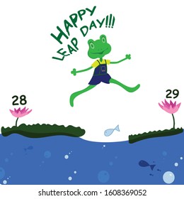 Frog character smiling at camera while jumping a pond from date twenty eight to twenty nine lotus, isolated in white background with Happy Leap Day celebration text