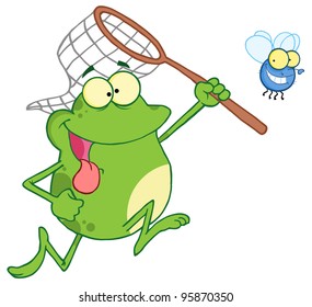 Frog Chasing Fly With A Net.Vector Illustration