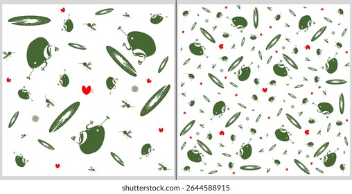 frog chasing mosquitoes and flying hearts random square pattern. graphic vector flat design style green and white.