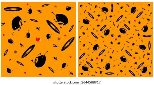 frog chasing mosquitoes and flying hearts square pattern. graphic vector flat design style orange and black.