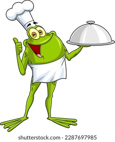 Frog Chef Cartoon Character Holding A Sliver Platter And Giving A Thumbs Up. Vector Hand Drawn Illustration Isolated On Transparent Background