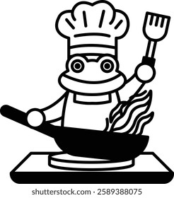 A frog chef is cooking food in a pan