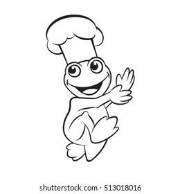 frog with chef hat walking happily in outline-vector drawing