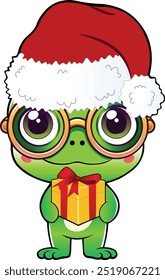 A frog in a Christmas hat. Gift in hands. Christmas gift. The frog gives a gift.