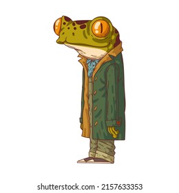 A Frog in a Coat, isolated vector illustration. Calm anthropomorphic casually dressed frog, wearing a cloak. A tranquil tall fellow. Humanized toad. A stranger. An animal character with a human body