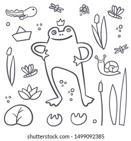 Frog coloring book set with flies, dragonfly, snail. Summer swamp set. Princess in a pond. Frog life circle. Vector cartoon illustration for kids. Outline swamp inhabitant