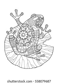 Frog coloring book vector illustration. Anti-stress coloring book for adult. Tattoo stencil. Black and white lines. Lace pattern