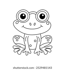 Frog coloring page for kids education learning coloring book. Happy funny cartoon frog drawing isolated on white