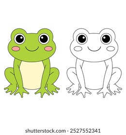 Frog coloring pages for kids. Trace and color Frog. Hand drawn cute frog cartoon outline illustration vector for coloring books. Kindergarten and preschool worksheets printable for kids.