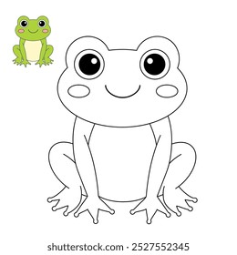 Frog coloring pages for kids. Trace and color Frog. Hand drawn cute frog cartoon outline illustration vector for coloring books. Kindergarten and preschool worksheets printable for kids.