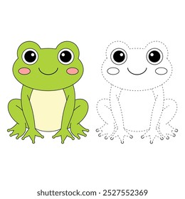 Frog coloring pages for kids. Trace and color Frog. Hand drawn cute frog cartoon outline illustration vector for coloring books. Kindergarten and preschool worksheets printable for kids.