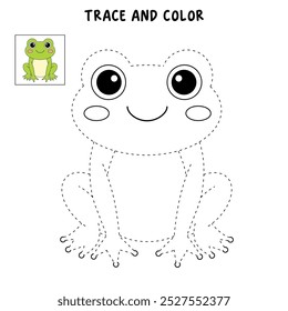 Frog coloring pages for kids. Trace and color Frog. Hand drawn cute frog cartoon outline illustration vector for coloring books. Kindergarten and preschool worksheets printable for kids.