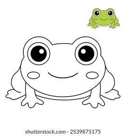 Frog coloring pages for kids. Trace and color cute frog. Frog animal flashcard game education. Cute frog isolated on white background. Kindergarten and preschool worksheets printable for kids. 