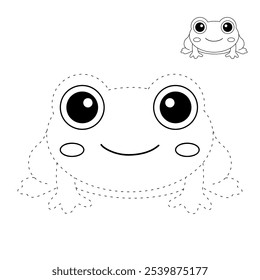 Frog coloring pages for kids. Trace and color cute frog. Frog animal flashcard game education. Cute frog isolated on white background. Kindergarten and preschool worksheets printable for kids. 