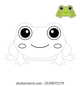 Frog coloring pages for kids. Trace and color cute frog. Frog animal flashcard game education. Cute frog isolated on white background. Kindergarten and preschool worksheets printable for kids. 