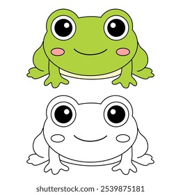 Frog coloring pages for kids. Trace and color cute frog. Frog animal flashcard game education. Cute frog isolated on white background. Kindergarten and preschool worksheets printable for kids. 