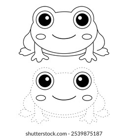 Frog coloring pages for kids. Trace and color cute frog. Frog animal flashcard game education. Cute frog isolated on white background. Kindergarten and preschool worksheets printable for kids. 