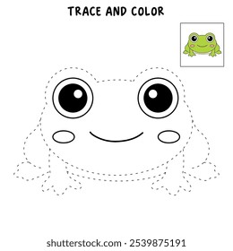 Frog coloring pages for kids. Trace and color cute frog. Frog animal flashcard game education. Cute frog isolated on white background. Kindergarten and preschool worksheets printable for kids. 