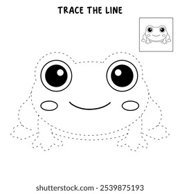 Frog coloring pages for kids. Trace and color cute frog. Frog animal flashcard game education. Cute frog isolated on white background. Kindergarten and preschool worksheets printable for kids. 