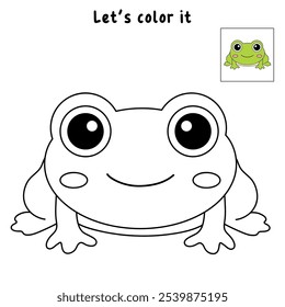 Frog coloring pages for kids. Trace and color cute frog. Frog animal flashcard game education. Cute frog isolated on white background. Kindergarten and preschool worksheets printable for kids. 