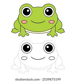 Frog coloring pages for kids. Trace and color cute frog. Frog animal flashcard game education. Cute frog isolated on white background. Kindergarten and preschool worksheets printable for kids. 