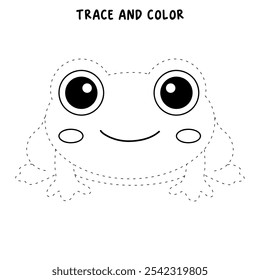 Frog coloring pages for kids. Trace and color cute frog. Frog animal flashcard game education. Cute frog isolated on white background. Kindergarten and preschool worksheets printable for kids. 