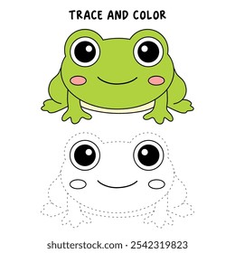 Frog coloring pages for kids. Trace and color cute frog. Frog animal flashcard game education. Cute frog isolated on white background. Kindergarten and preschool worksheets printable for kids. 