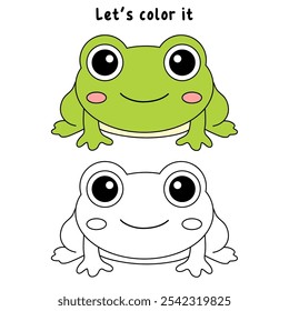 Frog coloring pages for kids. Trace and color cute frog. Frog animal flashcard game education. Cute frog isolated on white background. Kindergarten and preschool worksheets printable for kids. 