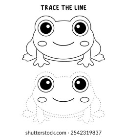 Frog coloring pages for kids. Trace and color cute frog. Frog animal flashcard game education. Cute frog isolated on white background. Kindergarten and preschool worksheets printable for kids. 