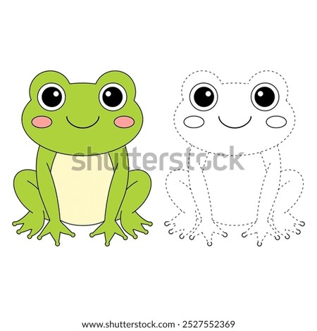 Frog coloring pages for kids. Trace and color Frog. Hand drawn cute frog cartoon outline illustration vector for coloring books. Kindergarten and preschool worksheets printable for kids.
