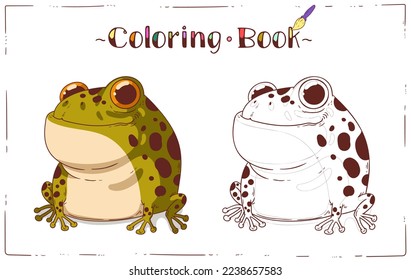 A Frog, Coloring Sheet. Cartoon outline picture of smiling toad with colored example. Horizontal colouring book page. Contour illustration for children's preschool education. Home activity for a kid