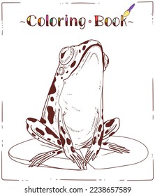 A Frog, Coloring Sheet. Outline picture of a toad on a round lily pad. A colouring book page with colored example. Contour illustration for children's preschool education. Home activity for a kid