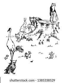 Frog Concert is Over, this scene shows a sad frog standing on stage made up of tree trunk and holding paper, other animals and birds going away from Frog, looks like frog concert is over, vintage