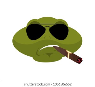 Frog Cool brutal serious avatar of emotions. Toad smoking cigar emoji. 