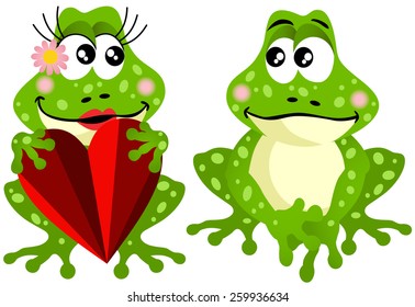 Frog couple holding red heart