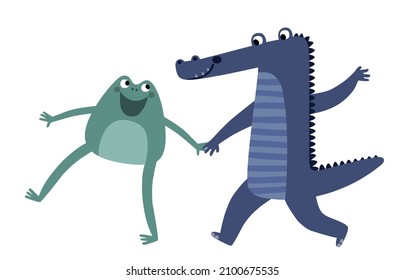 Frog and crocodile cartoon characters holding hands and walking together happily on a white background - vector