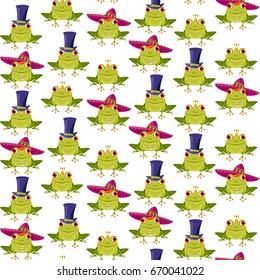 Frog in a crown, a sombrero and a top hat. Frogs in various hats. Seamless background pattern. Vector illustration