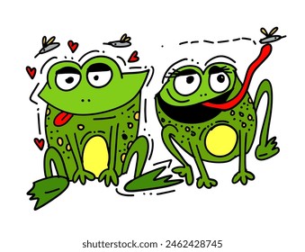 frog cute animal sitting cartoon. Two frogs with mosquitoes. hand drawing. Not AI, Vector illustration.
